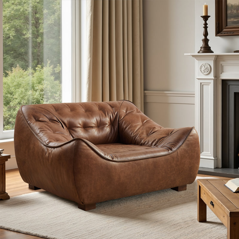 47'' Wide Tufted Full-Grain Genuine Leather 1-Seater Accent Chair Sofa, Dark Brown