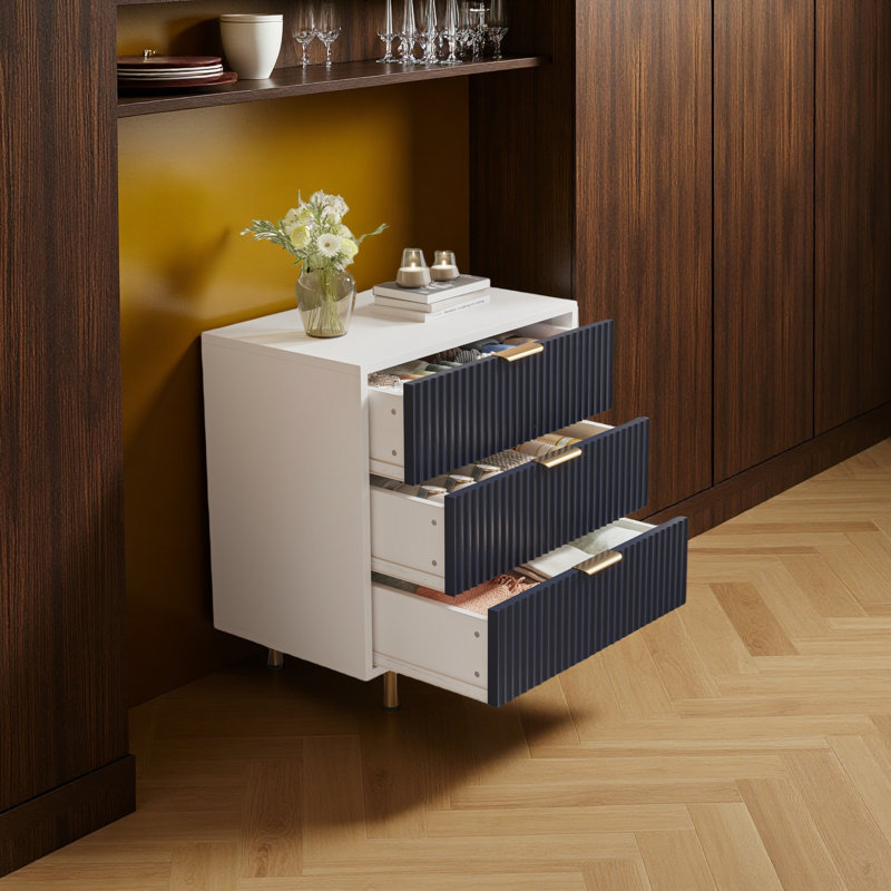 3 Drawer Dresser For Bedroom, Fluted Modern Nightstand With Deep Drawers, Chest Of Drawers With Wide Top