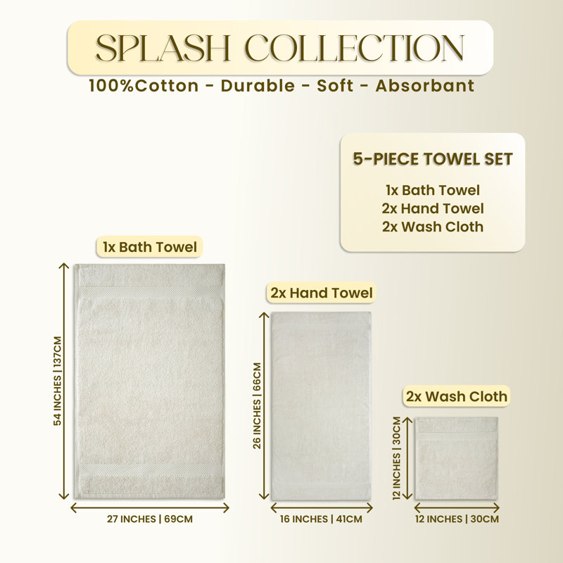 Splash 100% Cotton Zero Twist Towel Set, Bath Towels, Hand Towels & Washcloths, 550 GSM Soft Absorbent Towels for Bathroom, Spa & Daily Use, OEKO-TEX Certified, 5 Pack, ivory