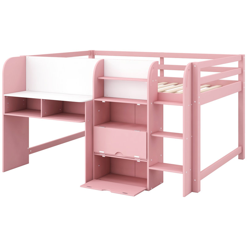 Lit mezzanine double pleine grandeur, rose, avec bureau intégré, armoires de rangement, bibliothèque, tableau blanc pour griffonner, assemblage facile et lit rose spacieux à trois compartiments, tablettes ouvertes, espace disponible