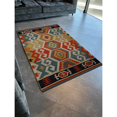 Multi-Coloured Mixed Geometric Shape Traditional Motif Patterned Vintage Decorative Rug