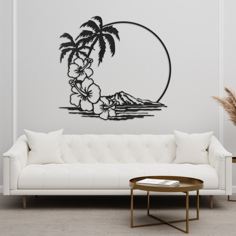 Décoration murale abstraite avec palmier, soleil et montagnes - ACM, H 32 po x l 29,7 po x P 0,25 po, Blanc