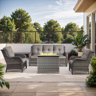 Wendye 4-Piece Outdoor Wicker Furniture Set, 2 Patio Chairs, 3-Seat Sofa & Fire Pit Table