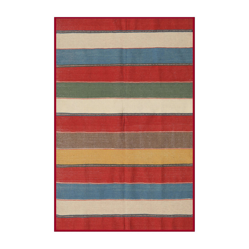 Tapis contemporain rouge / beige / bleu Platte, Rectangle 8 pi 0 po x 10 pi 0 po