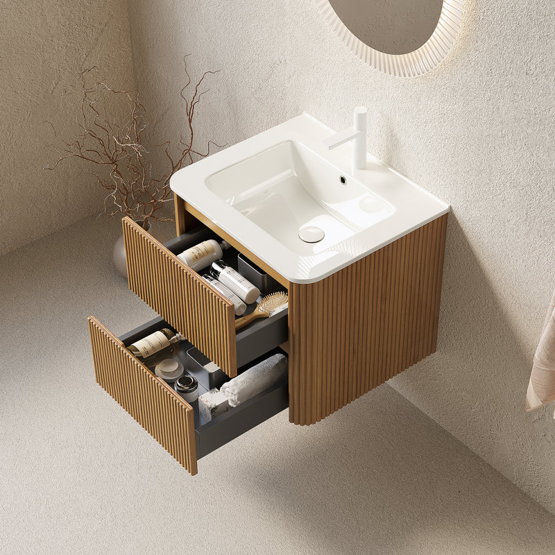 Meuble-lavabo mural avec 2 tiroirs pour salle de bain, Bois naturel / blanc, 24"