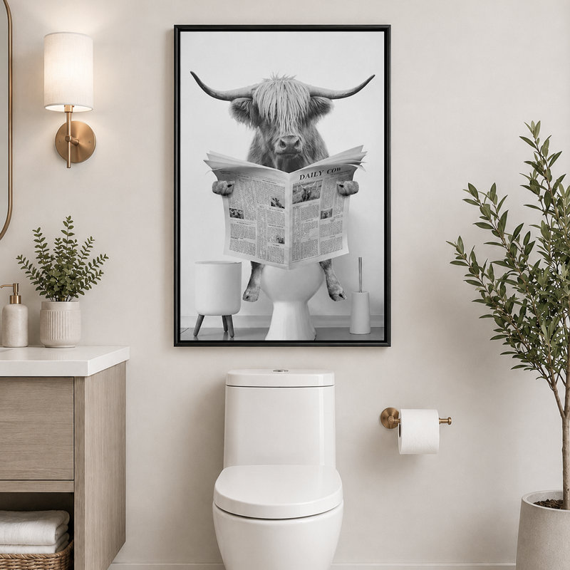 Impression sur toile encadrée, animaux, drôle, salle de bain, vache Highland, H 36 po x l 24 po, Impression encadrée, Noir