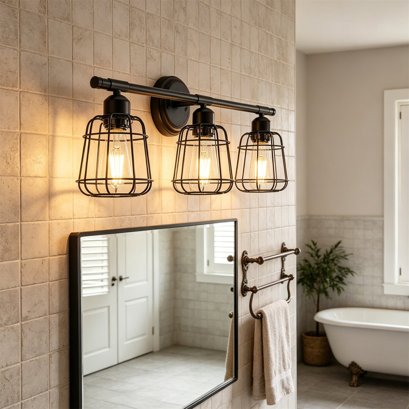 Éclairage pour meuble-lavabo à cage noir 3 lumières, applique de style campagnard industriel, base E26 pour couloir de cuisine