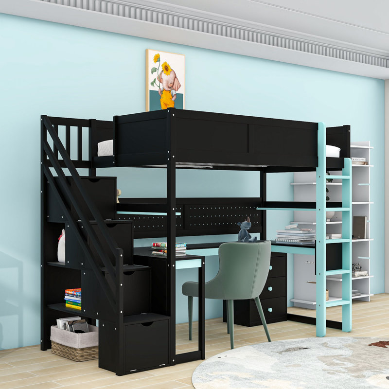 Wooden Loft Bed with Built-in Desk and Storage Stairs, Twin, Black/Blue