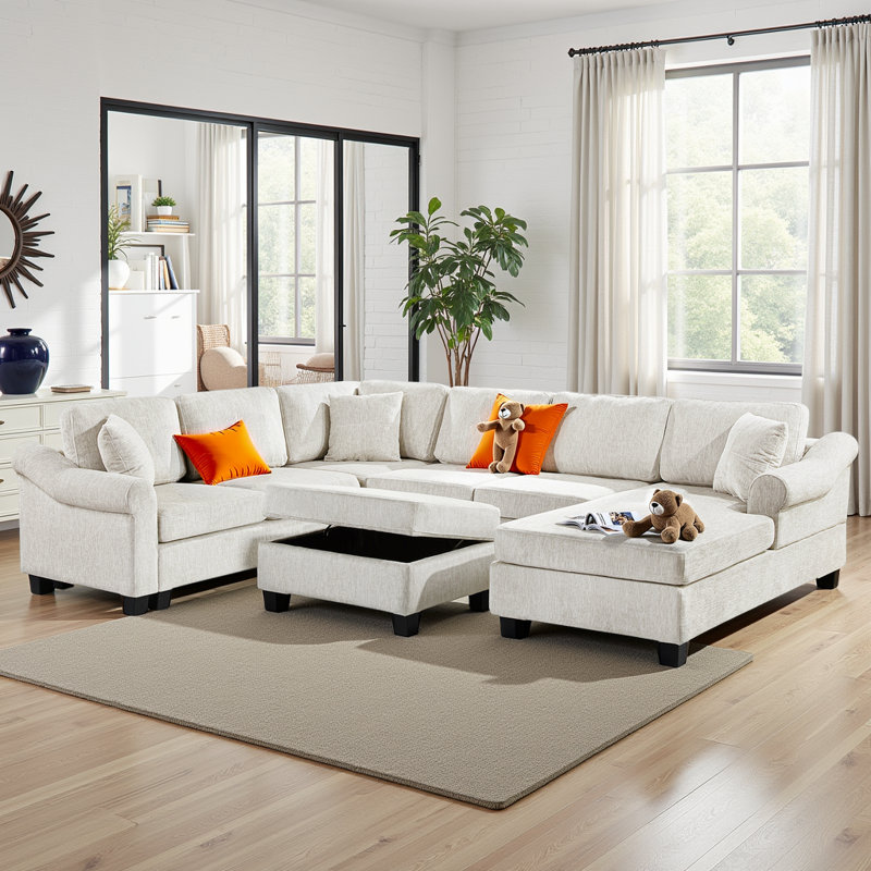 111.8" U-Shaped Chenille Sectional Sofa - 6-Seater with Movable Storage Ottoman, 330 lb/Seat Capacity, White Chenille