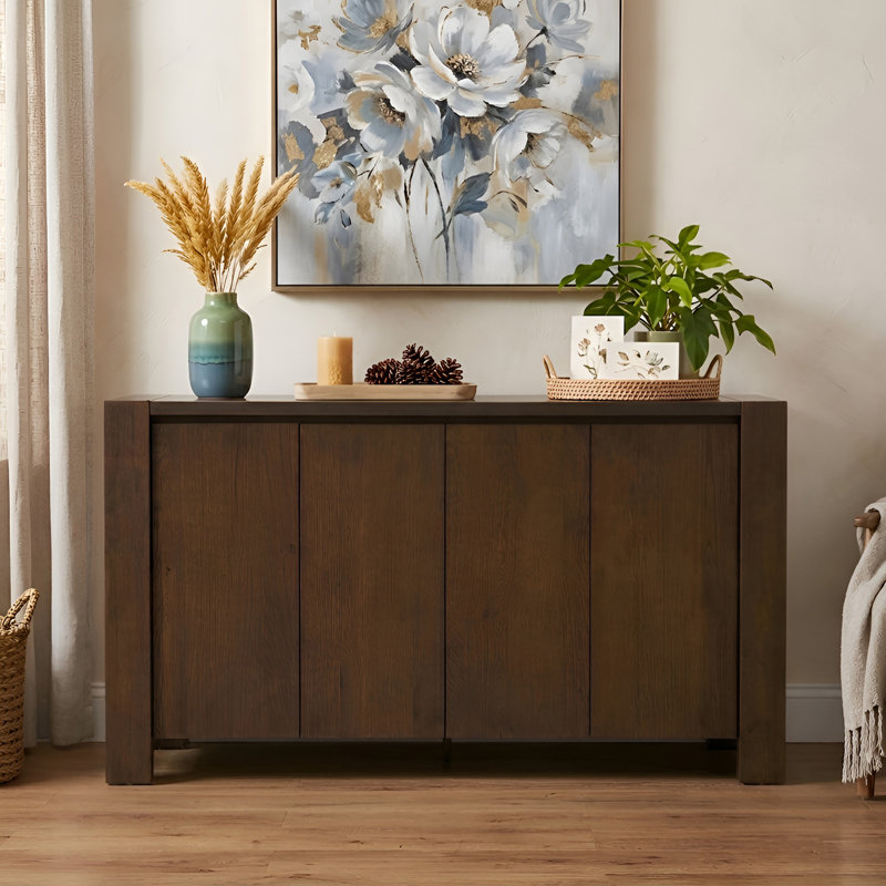 Buffet armoire de rangement pour salle à manger, cuisine, buffet 4 portes en bois avec 4 compartiments, Noyer