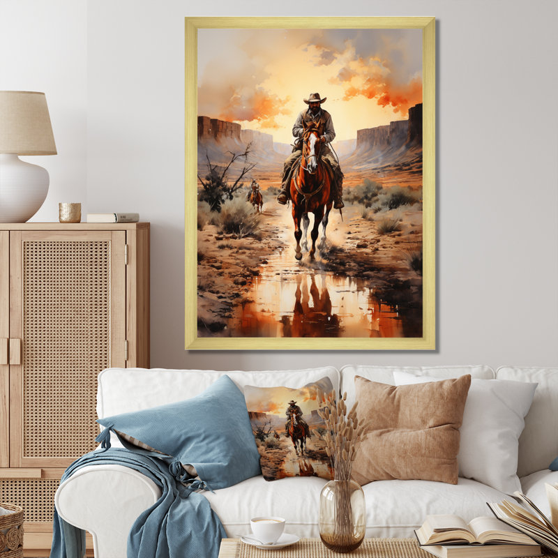 Mabe Cowboy Chassant le coucher du soleil II - Cowboys, art mural, Encadrement doré, H 32 po x l 24 po x P 1 po
