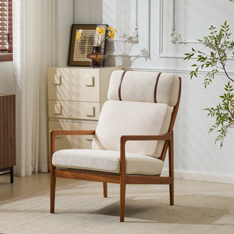 Méridienne Rowden Mid-Century avec coussins et structure en bois d'hévéa massif, Polyester beige