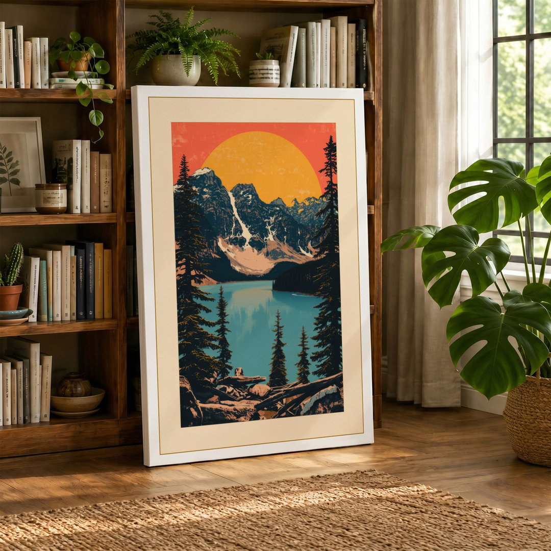 Mountain and Lake at Sunrise Japandi - Wrapped Canvas
