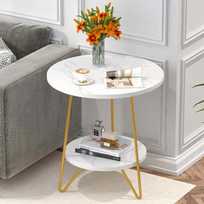 Table de bout ronde 18,7 po en faux marbre, table d'appoint ronde blanche et dorée à 2 niveaux