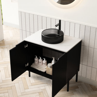 Meuble-lavabo de 61 cm (24 po) avec lavabo rond en verre noir transparent, armoire à 2 portes, comptoir en pierre frittée blanche, amortisseur de fermeture, style scandinave.