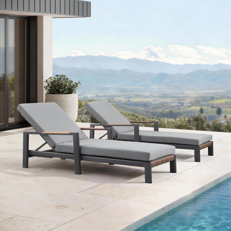 Chaise longue d'extérieur à double usage en teck et osier Arlo (ensemble de 2), Noir ardoise, Grey