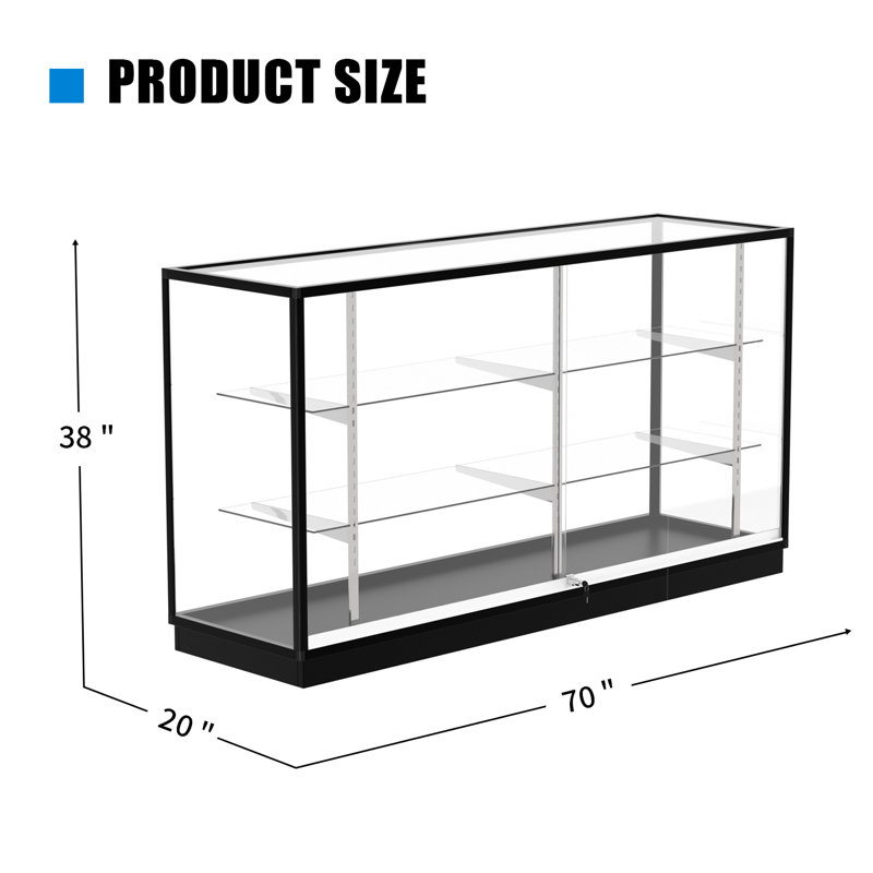 70”d * 20”w * 38”h - Retail Full Vision Showcase - Glass Display Case With Black Aluminum Frame And Led Lights