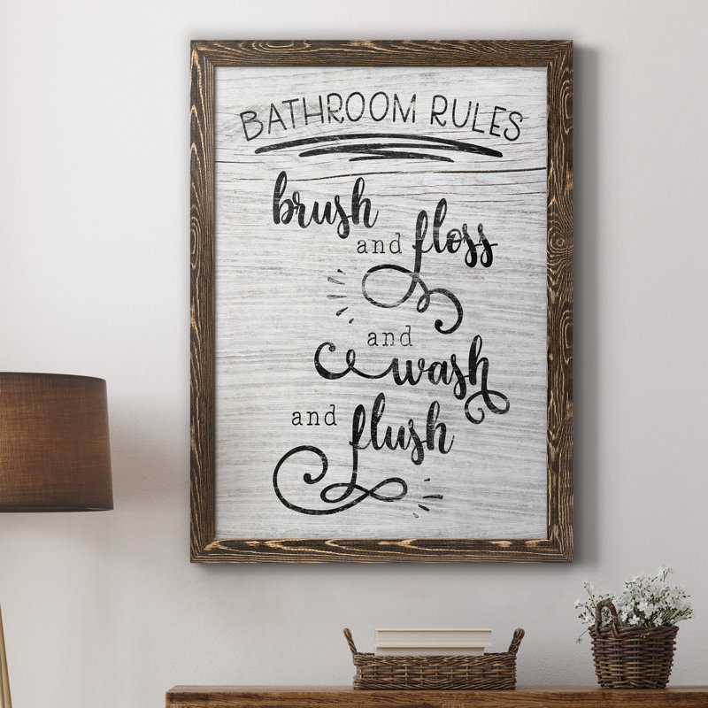 "Bathroom Rules" - Art textuel sur toile, H 20 po x l 17 po x P 1,5 po, Noyer