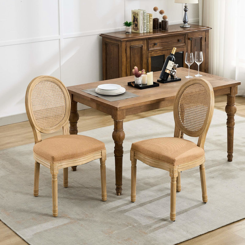 Of 2 French - Style Tan Dining Chairs, Solid Rubberwood Frame With Antique Painting, Linen Fabric And Back, Foam Steel Spring Inner For Comfort, 22.93 In Product Depth, 19.2 Width, 37.8 Height