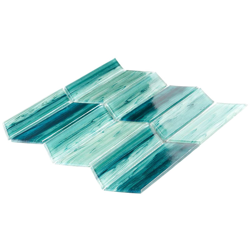 Maya 2x7 Chevron Polished Glass Mosaic Tile, Chevron Teal