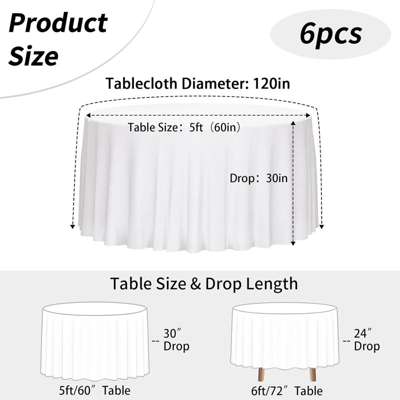 6 Pack White Round Tablecloth, 120 Inch Round Table Cloth Polyester Fabric Washable Table Covers