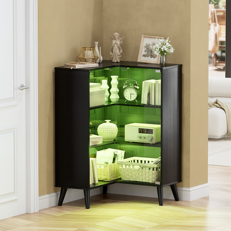 L-shaped Corner Display Case With Tempered Glass Doors, Led Lighted Curio Cabinet With Adjustable Shelves For Collectibles 