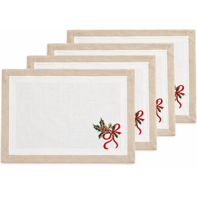 Natural-white Embroidered Holly Christmas Tree Double-layer Holiday Placemat, Set Of 4