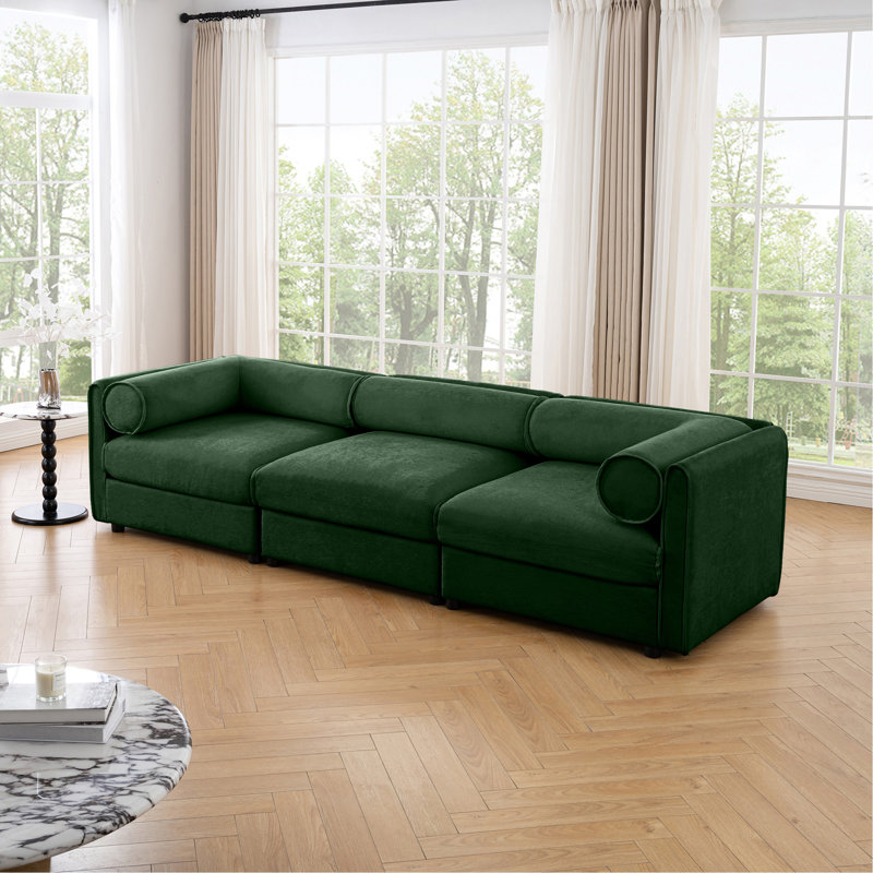Élégant canapé en chenille verte avec siège de rangement, dossier cylindrique et accoudoirs, canapé contemporain en tissu 3 places avec compartiment de rangement caché
