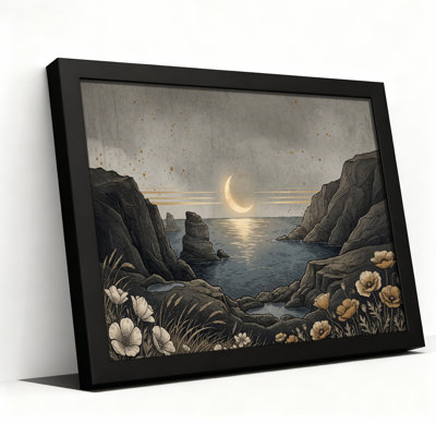 Toile noire encadrée en bois noir pour le salon, la chambre à coucher, le bureau ou le vestibule - décoration murale décorative avec bord de lune