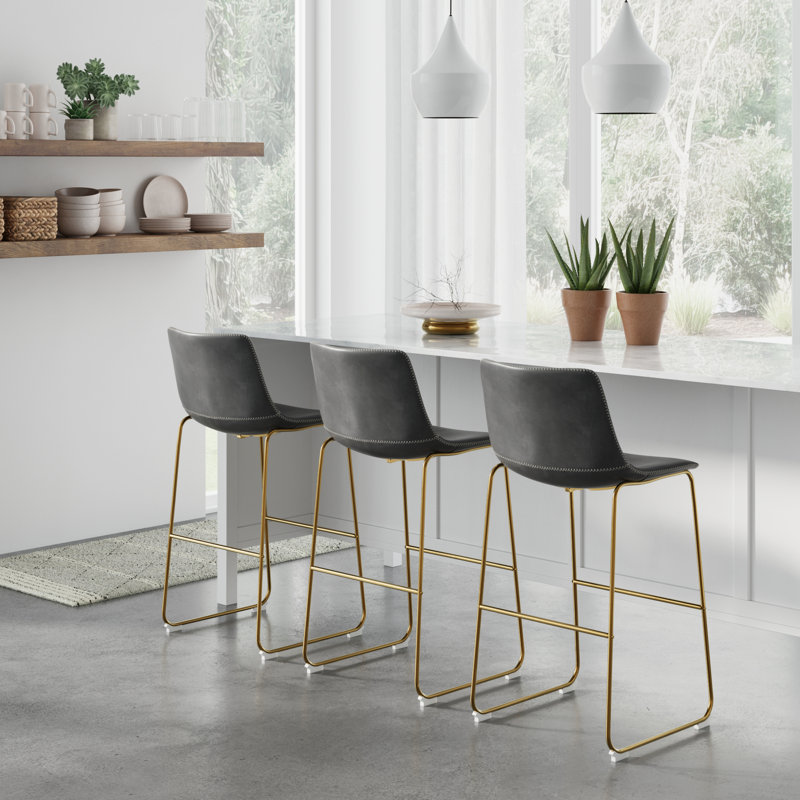 Nia Vegan Leather Bar & Counter Stool, Bar Stool (29" Seat Height), Gray, Gold