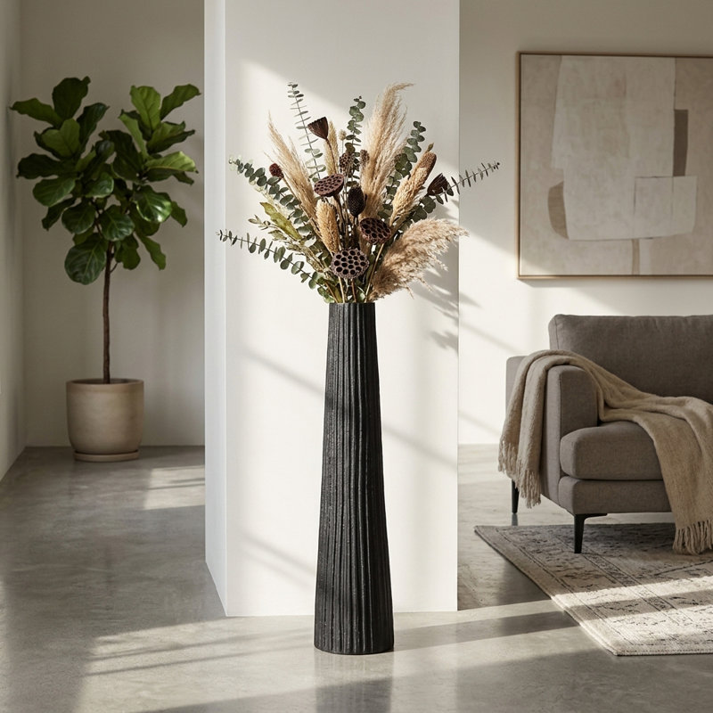Vase de sol décoratif en métal pour espace ouvert - Vase de table moderne avec finition texturée pour le salon ou les coins - noir