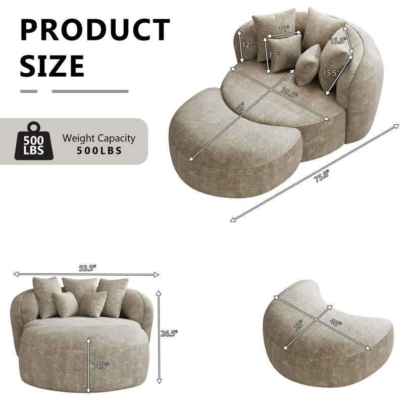 Canapé courbé 2 pièces en chenille avec repose-pieds en forme de croissant, fauteuil d'appoint pour le salon, Chameau