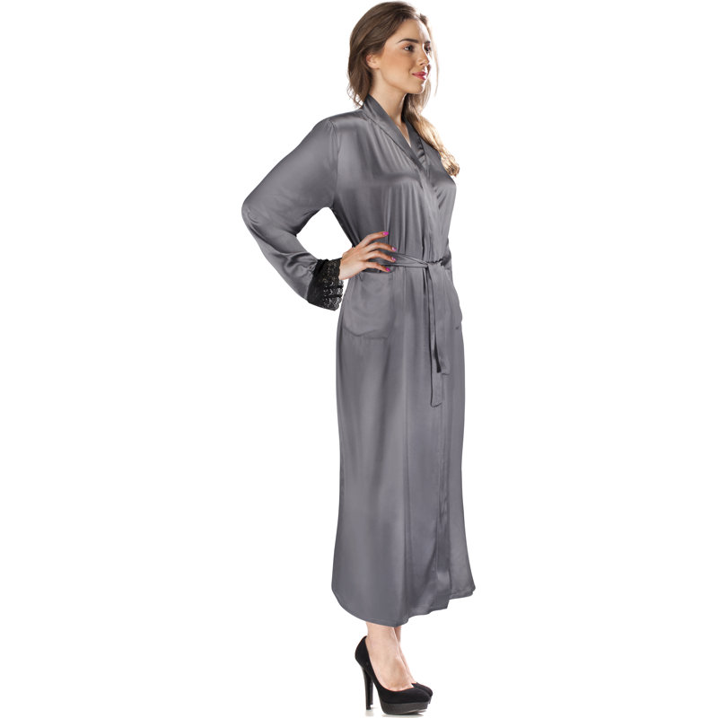 SILK ROBE W/ BLACK LACE GRAY, Small / Medium
