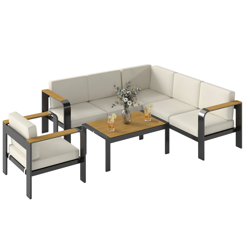 Outsunny 3 Pieces Garden Furniture Set with L-Shaped Sofa Armchair Beige