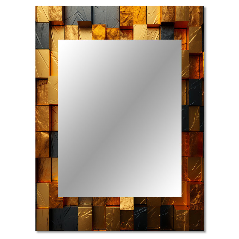 Grunge Gold Cubes Abstract Geometric IV - Geometric Decorative Mirror, Modern Large Wall Mirror, Printed Metal Art, 40" x 30"