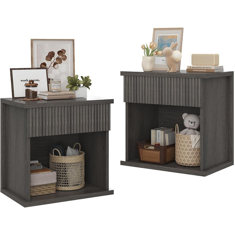 Ensemble de 2 grandes tables de chevet en bois avec tiroir pour chambre à coucher - Chêne gris