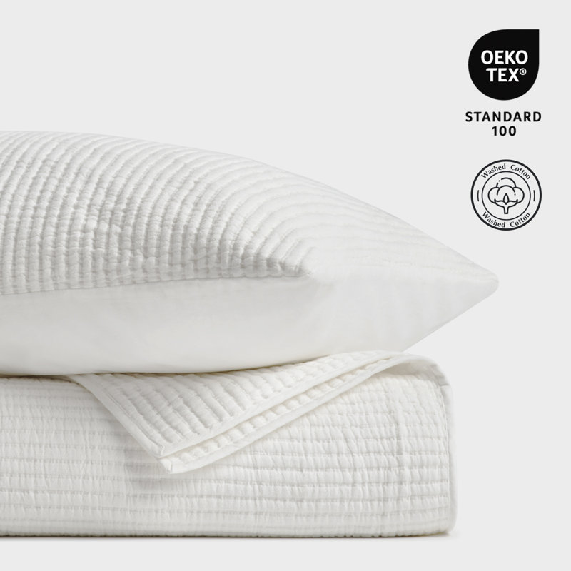 Ribbed Matelassé Cotton Coverlet Set, King Quilt + 2 King Shams, Bright White
