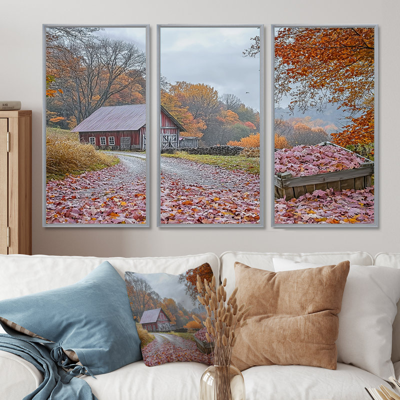 «Red Farm Landscape Autumn Harvest - Ensemble de salon d'art mural de ferme, Toile argentée avec cadre flottant