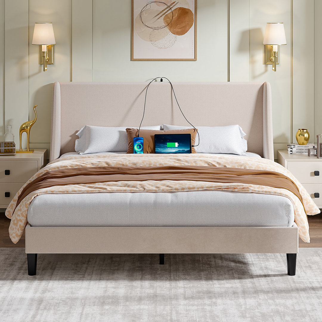Kempst Upholstered Platform Bed with USB Ports Bed with Wingback Headboard No Box Spring Needed Trent Austin Design®