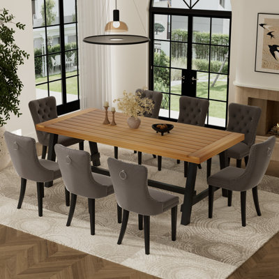 9 Pieces Modern Farmhouse Rectangle Dining Set with Mid-century High-end Tufted Dining Chair Set for 8