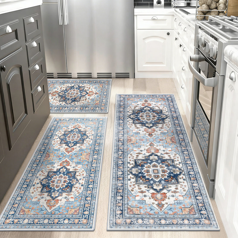 Tapis de cuisine lavable et antidérapant (ensemble de 3), Bleu