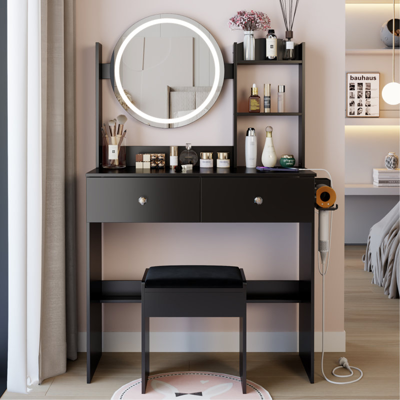 Meuble-lavabo à miroir rond de 17 po à DEL avec tabouret rembourré, équipé de 2 prises CA + 2 prises USB, grand miroir, interrupteur tactile, 3 couleurs, luminosité réglable, grand bureau, rangement multicouche à grande capacité