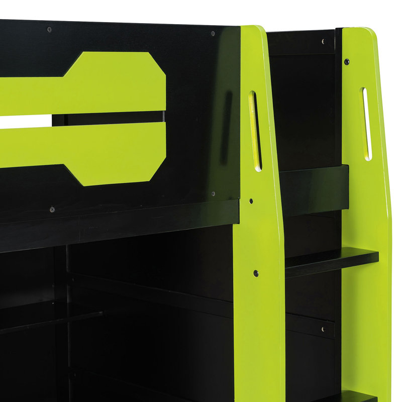 Lit mezzanine en bois avec bureau, tablettes multiples et lumière RVB, Vert