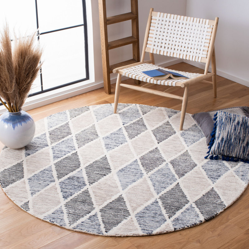 Milladore Precious Hand Tufted Wool/Cotton Geometric Rug in Blue/Beige, Round 6'