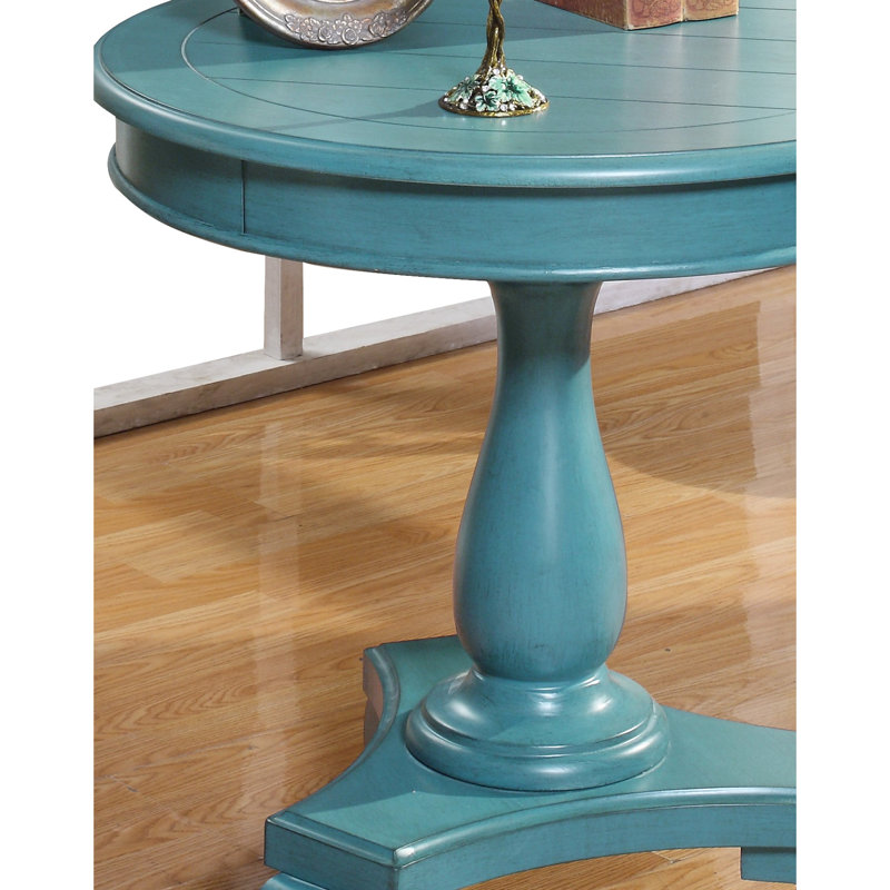 Table d'appoint sur pied bleu sarcelle - Style élégant, 66 cm x 67 cm, structure en bois raffinée, hauteur 67 cm, largeur 67 cm.