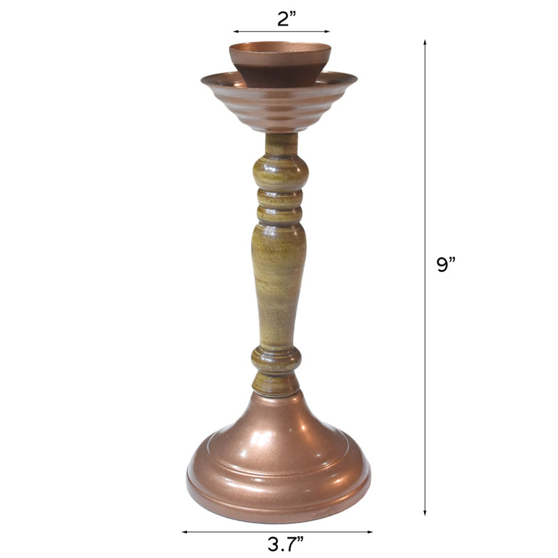 Handmade Iron & Wood Traditional Pillar Candle Holder, Brown