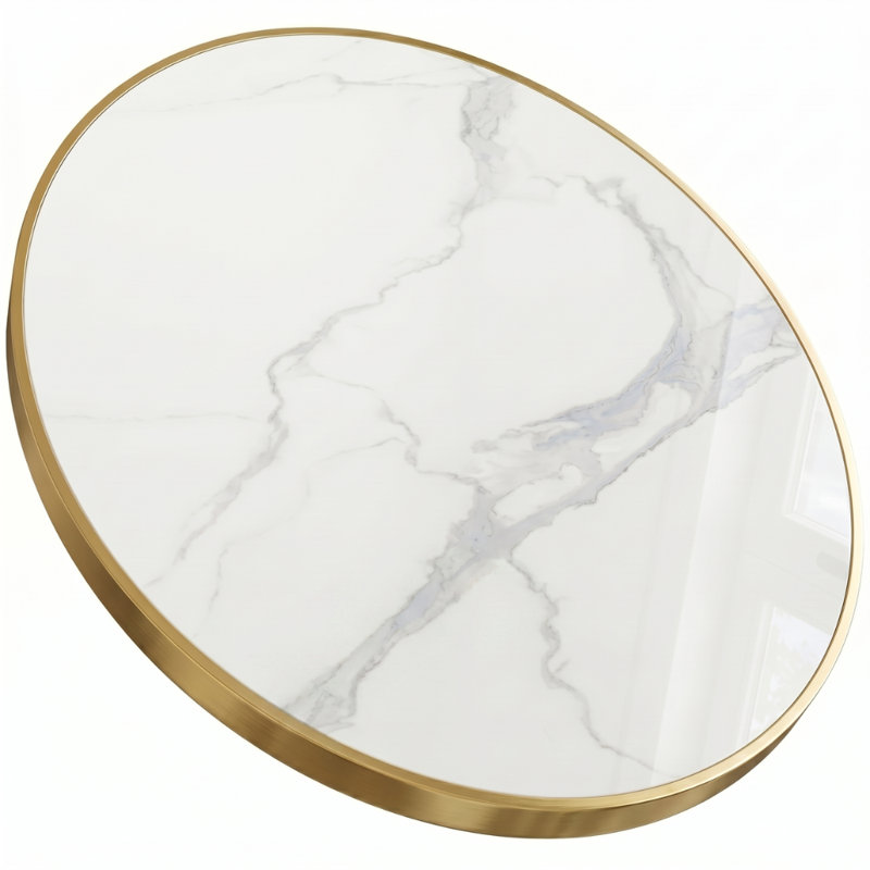 Plateau de table en pierre frittée avec bordure dorée 47 po / 53 po / 59 po, H 59 po x L 59 po, Blanc lustré