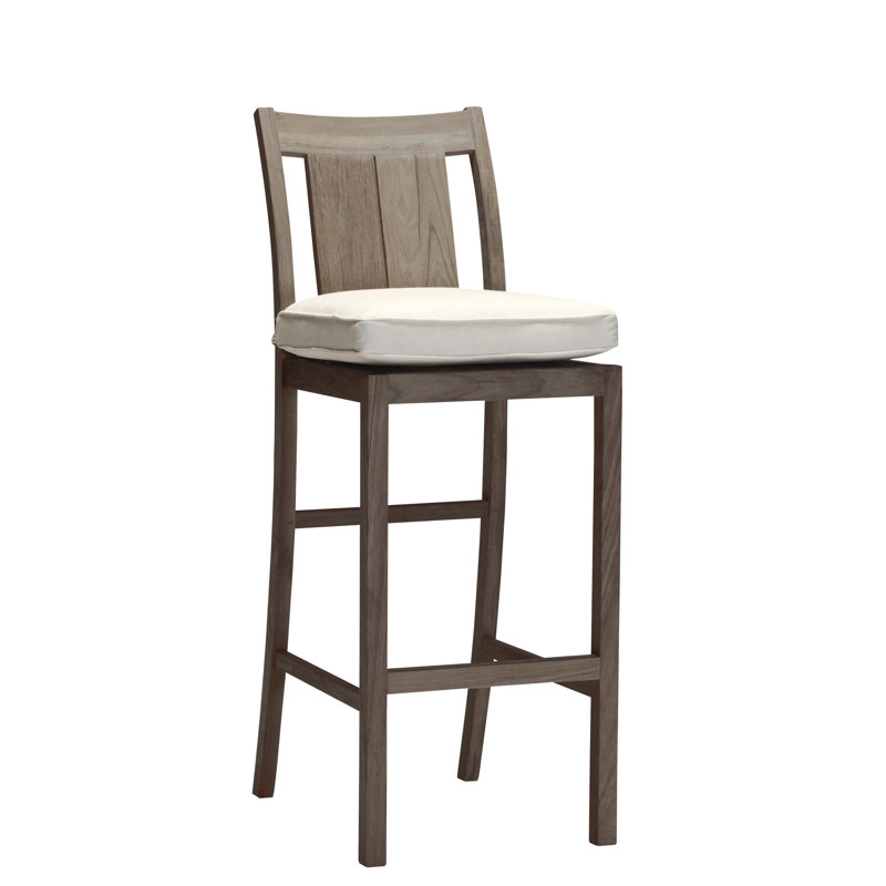 Croquet 30" Patio Bar Stool with Cushion, Rollo Lace InsideOut® Linen, Welt, Oyster Teak