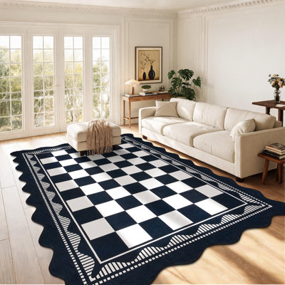 Tapis lavable festonné en damier avec envers en caoutchouc, tapis moderne antidérapant à bordure pour chambre d'enfant