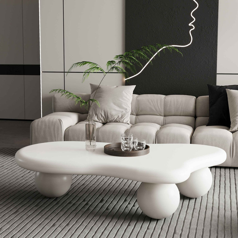 Table basse de 47 pouces en forme de nuage avec 3 pieds sphériques pour le salon, 13.81'' H X 47.23'' W X 31.53'' D, Blanc